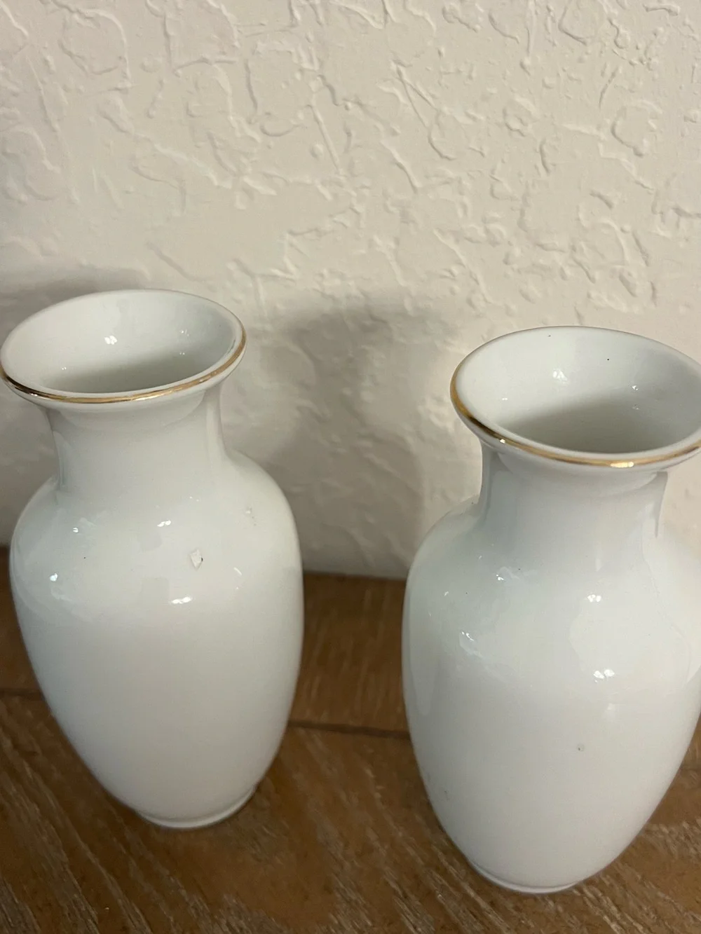Pair of White Ceramic Vases with Gold Trim and Coral Floral Motif